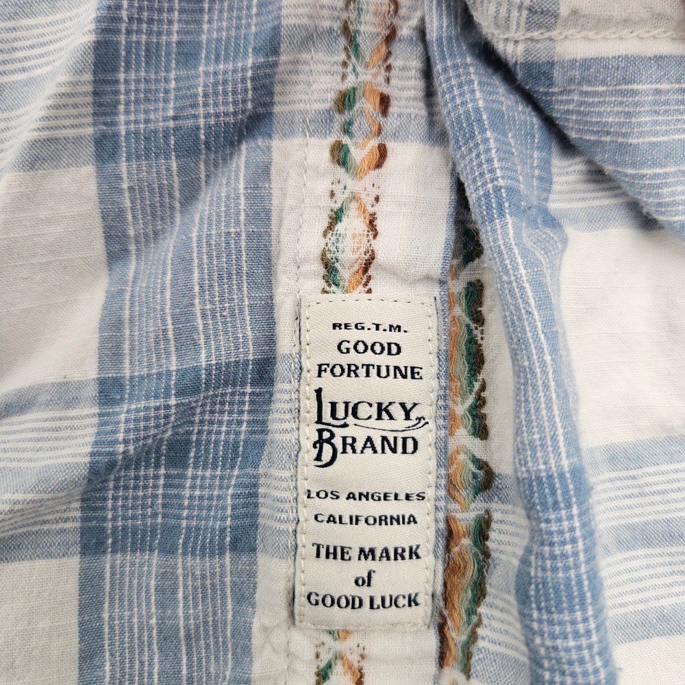 Lucky Brand Short Sleeve Plaid Western Shirt S P Blue‎ White Embroidered - Picture 3 of 6